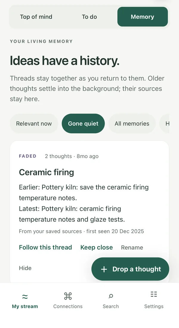 The iOS Drift app showing a quiet Ceramic firing memory, with original source excerpts and a control to keep the thread close.